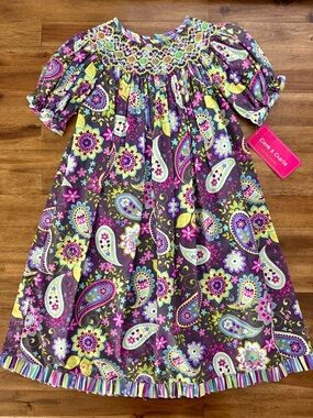 NWT Claire & Charlie Girls Keyla Bishop Smocked Floral Paisley Dress 6X Purple